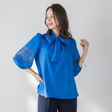 ビアッジョブルー(Viaggio blu)の【新色追加】七分袖レースブラウス≪洗濯機で洗える≫