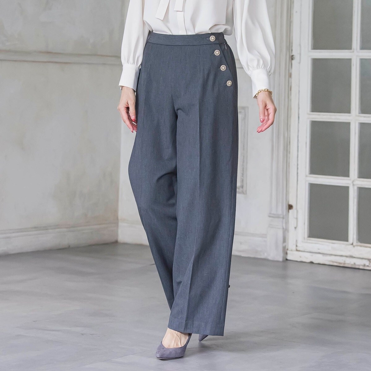 【新色追加】キラキラボタンワイドパンツ≪手洗い可能≫