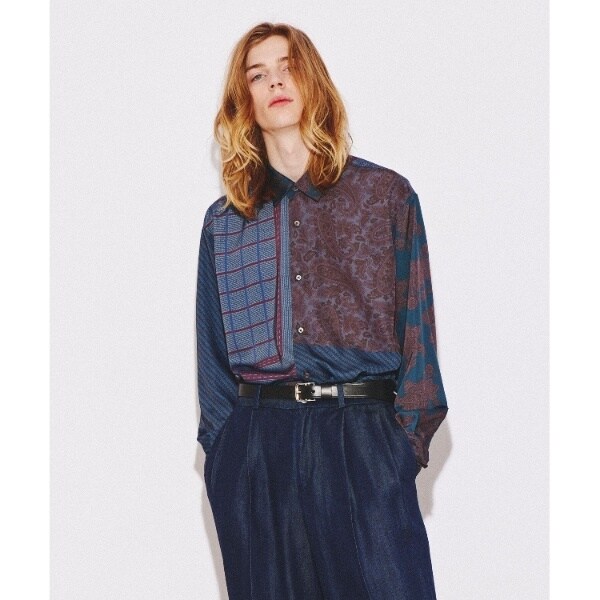 ネイビー パッチワーク 長袖シャツ パッチワークシャツ シャツ メンズ トップス 長袖 送料無料・再