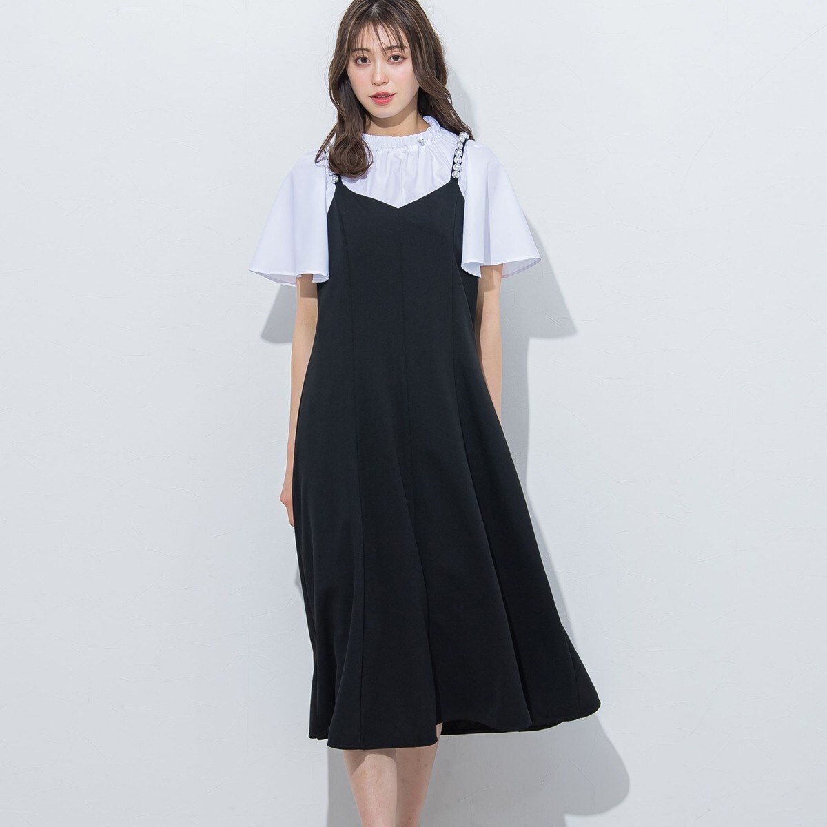 クイーンズコートパール付きレイヤードワンピース 5サイズ未使用 大きいサイズ】パールキャミワンピース≪手洗い可能≫ | クイーンズ