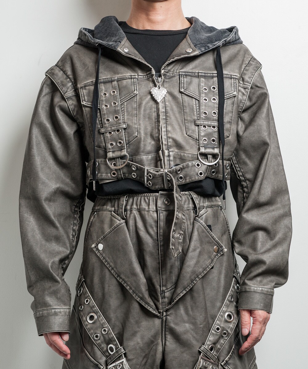 バックステージパス（backstagepass）/RESISTANCE(レジスタンス)2WAY フード レザータッチ/デニム ショート丈ブルゾン【セッ RESISTANCE(レジスタンス)2WAY フード レザータッチ/デニム ショート丈