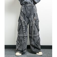 バックステージパス(backstagepass)のCHRIS C(クリス C)2WAY ベルト レザータッチ/デニム ワイドカーゴパンツ【セットアップ