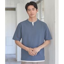 ふくれジャガード フェイクレイヤードキーネックT