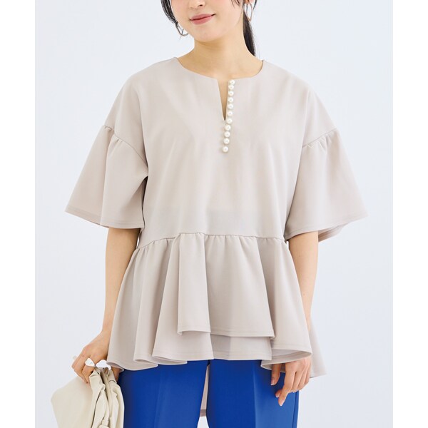 M/L/LL/3L/4L][洗える]フロントパール フレアスリーブチュニック