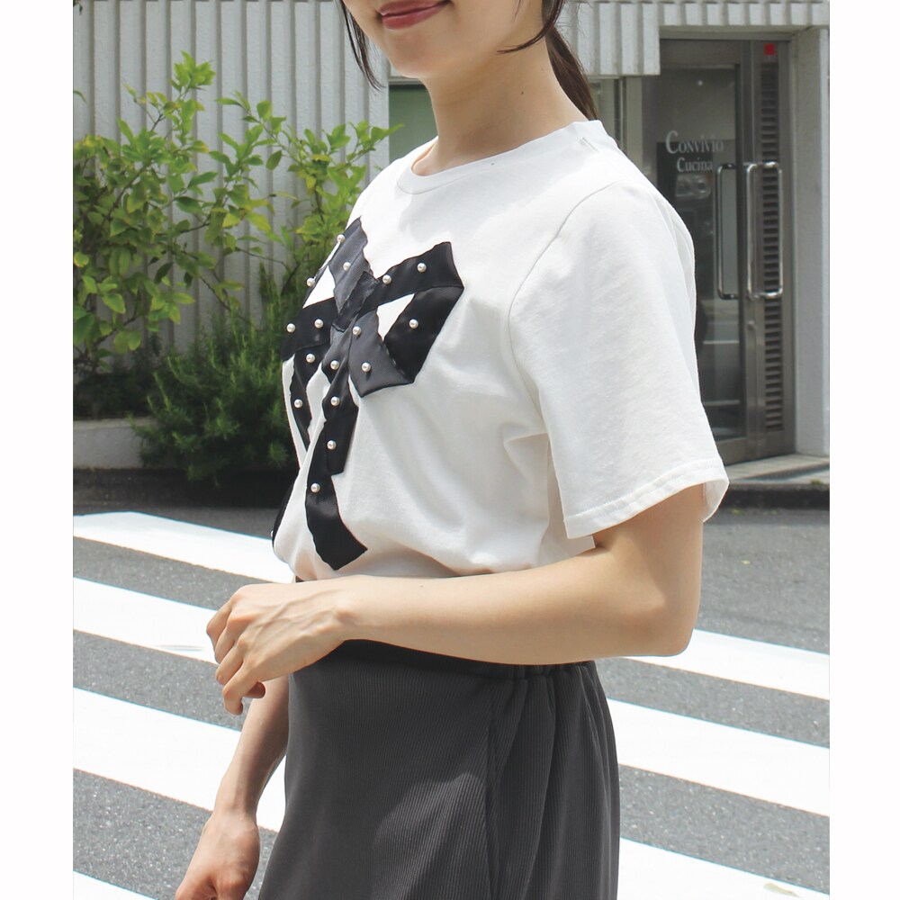 新品タグ付き M'S GRACY Tシャツ カットソー　グログランテープ　リボン グログランテープ使いカットソー | msgracy
