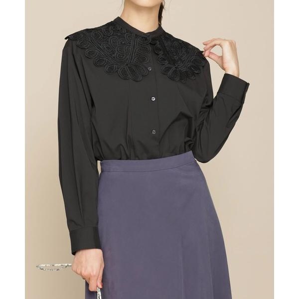アーベーセーアンフェイス カットソー 長袖 丸衿 チュール ドット M ブラック レース衿取り外しバンドカラーシャツ 長袖 | ナノユニバース(NANO