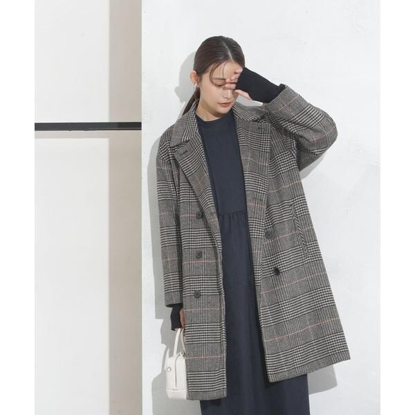 美品 20AW ナノユニバース チェック ダブル釦 コート ウール混 36