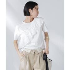 アシンメトリーフリル異素材コンビTシャツ