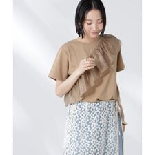 アシンメトリーフリル異素材コンビTシャツ