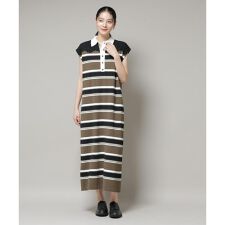 コットンボーダーレース編みポロニットワンピース