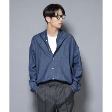 「大人のワイドシャツ」バンドカラーデニム 長袖