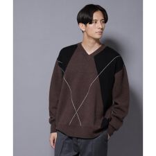 アンゴラ混アーガイルVネックニット