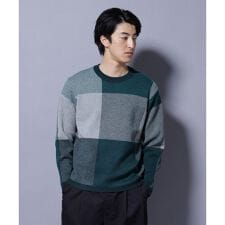 ブロックチェッククルーネックニット