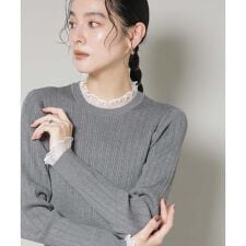 ナノユニバース(NANO universe)のホホバオイル加工チュールフリル付きランダムリブニット