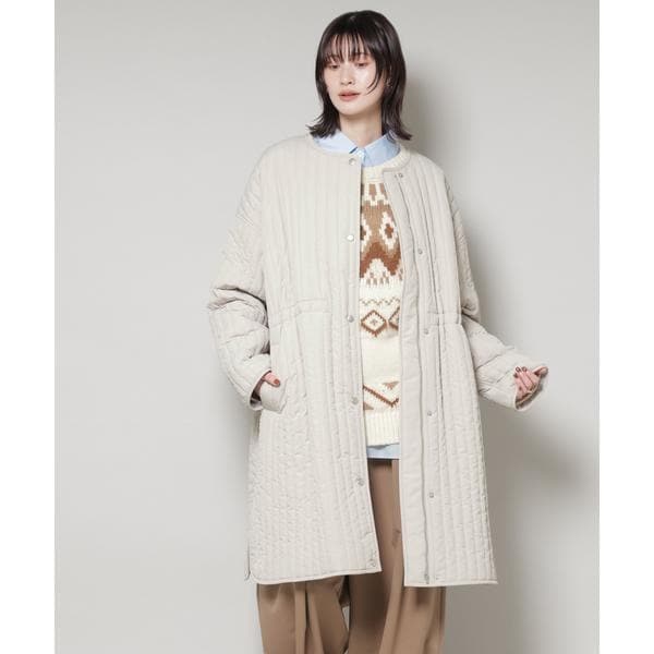 quaranciel: ウール ノーカラー ダブルフロント ミドル コート