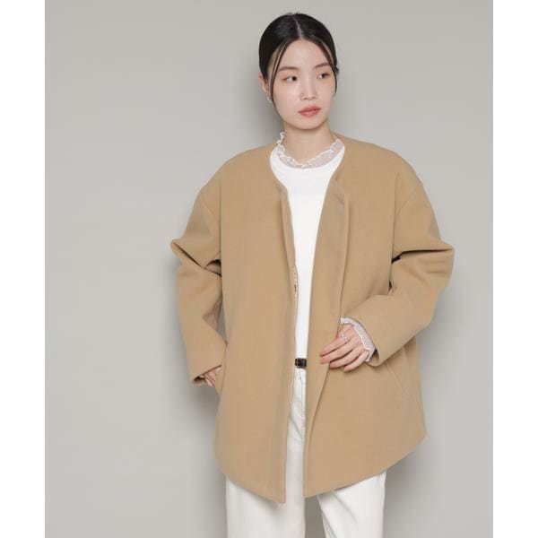 quaranciel: ウール ノーカラー ダブルフロント ミドル コート