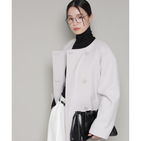 quaranciel: ウール ノーカラー ダブルフロント ミドル コート