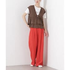 多機能リネン混リボンベルト付タックワイドパンツ(セットアップ可)