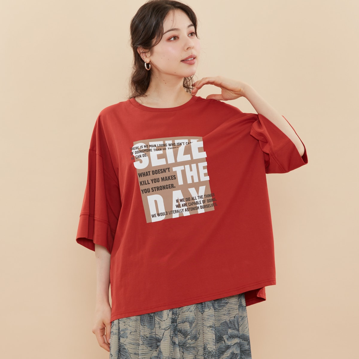 [ 洗える ] プリントオーバーサイズデザインTシャツ　シルケット 洗える ] プリントオーバーサイズデザインTシャツ シルケット