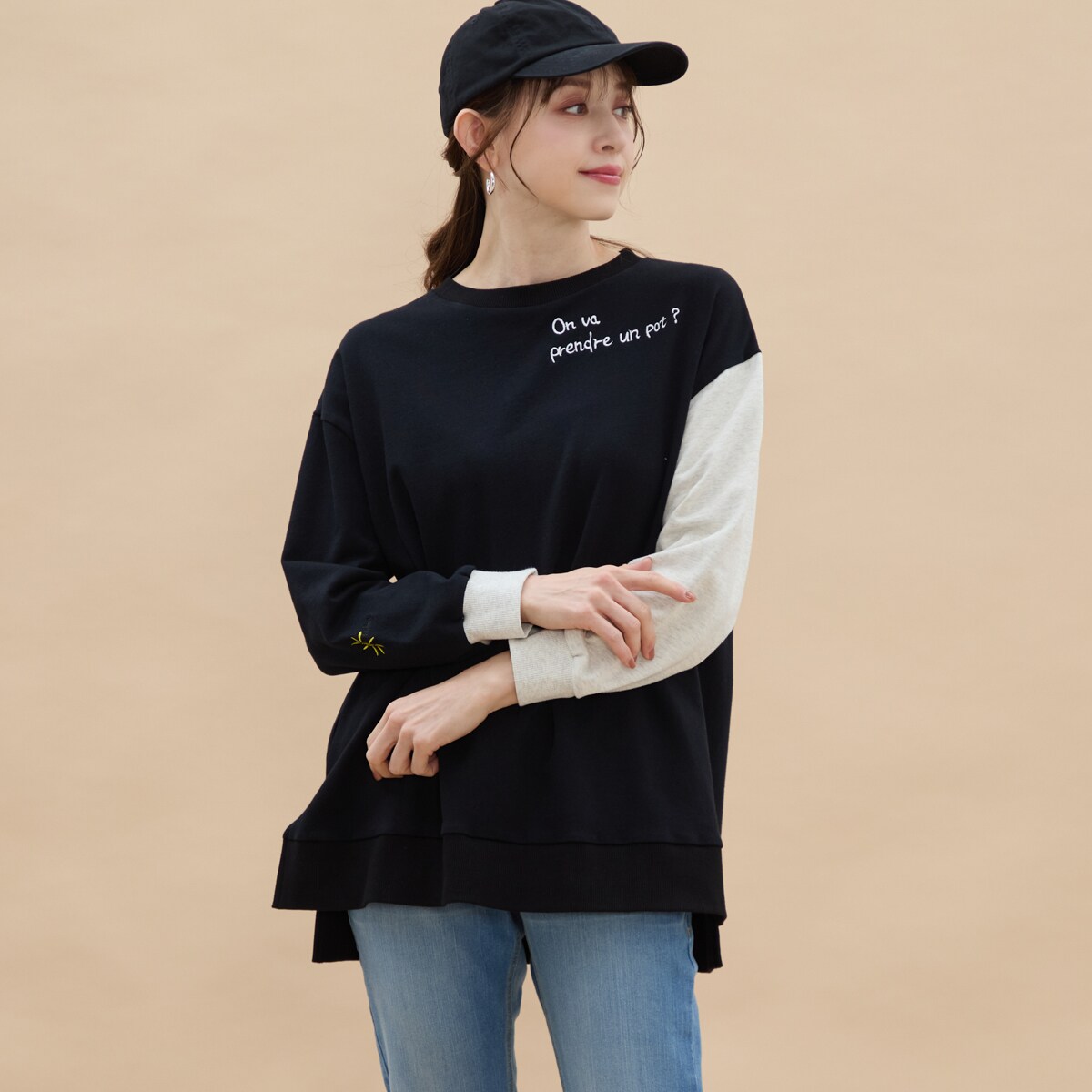 裏毛刺繍入りロング丈トレーナー 綿100 | アル・ディ・ラ(AL DI LA