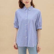 【洗える】5分袖裾チュール使いストライプシャツ