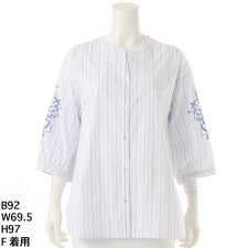 袖刺繍ストライプブラウス