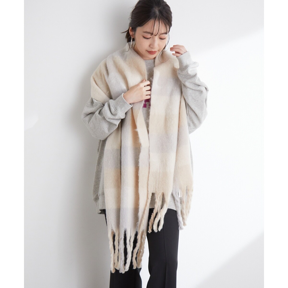 新品 マフラー ストール ブランケット グレー系チェック柄ストール・ショール ROPE' ストール マフラー カシミヤブレンド パターンストール