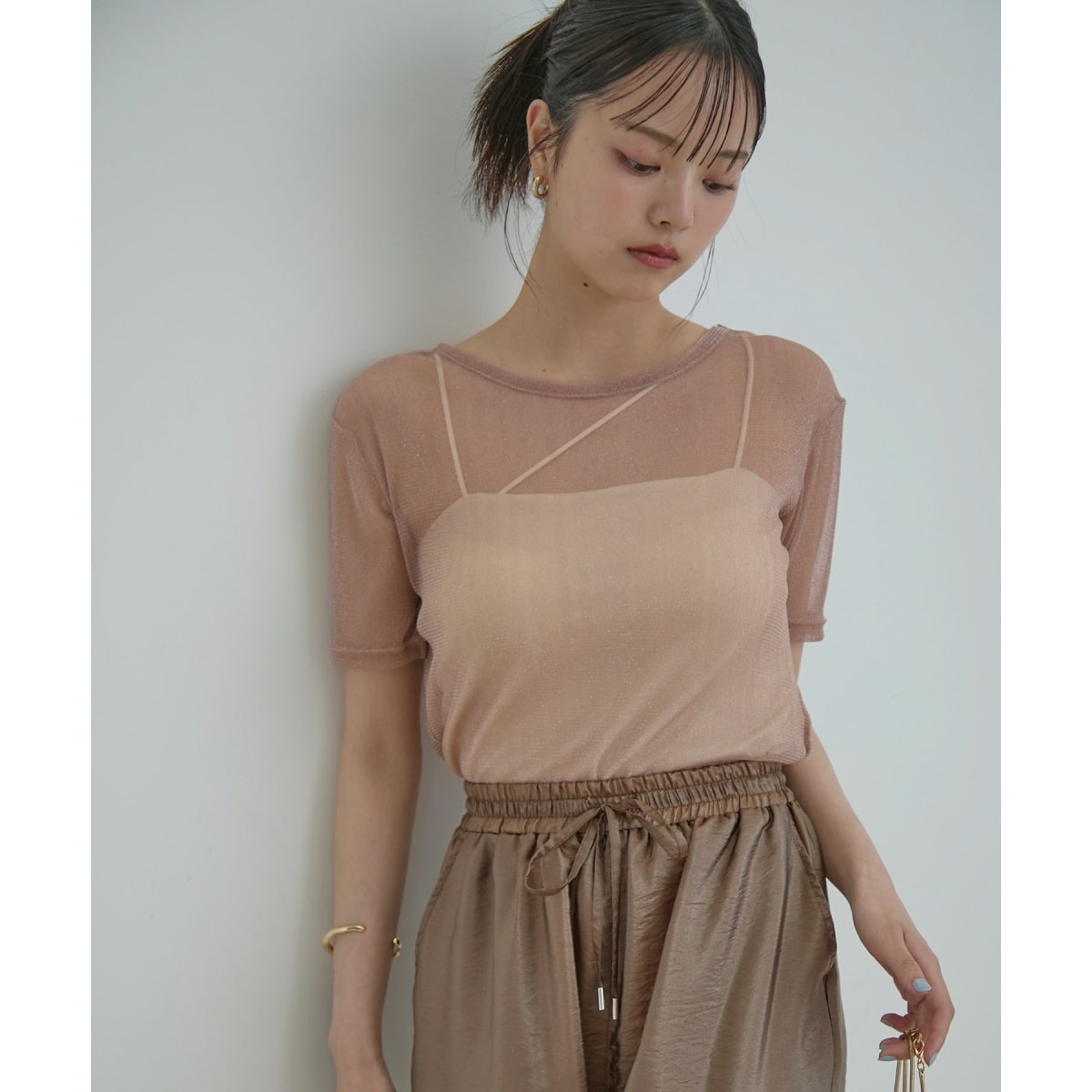 【洗える】シアーラメレイヤードTシャツ