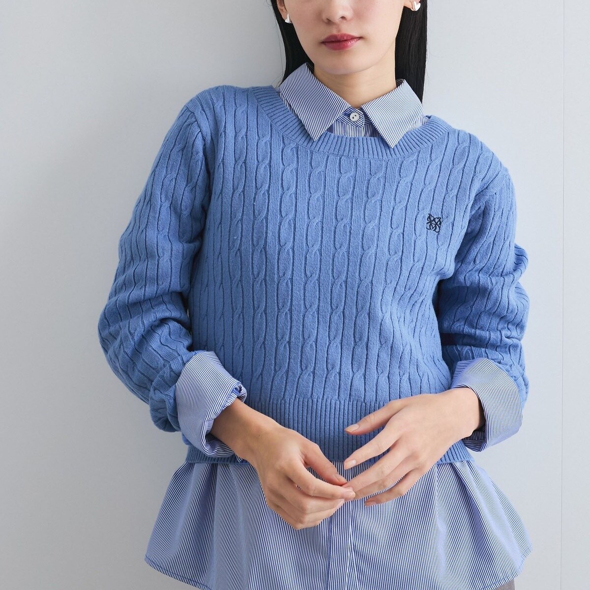 4 グレースコンチネンタル 花 刺繍 ケーブルニットワンピース ブルー S チュールフラワー刺繍ワンピース / GRACE CONTINENTAL | GRACE