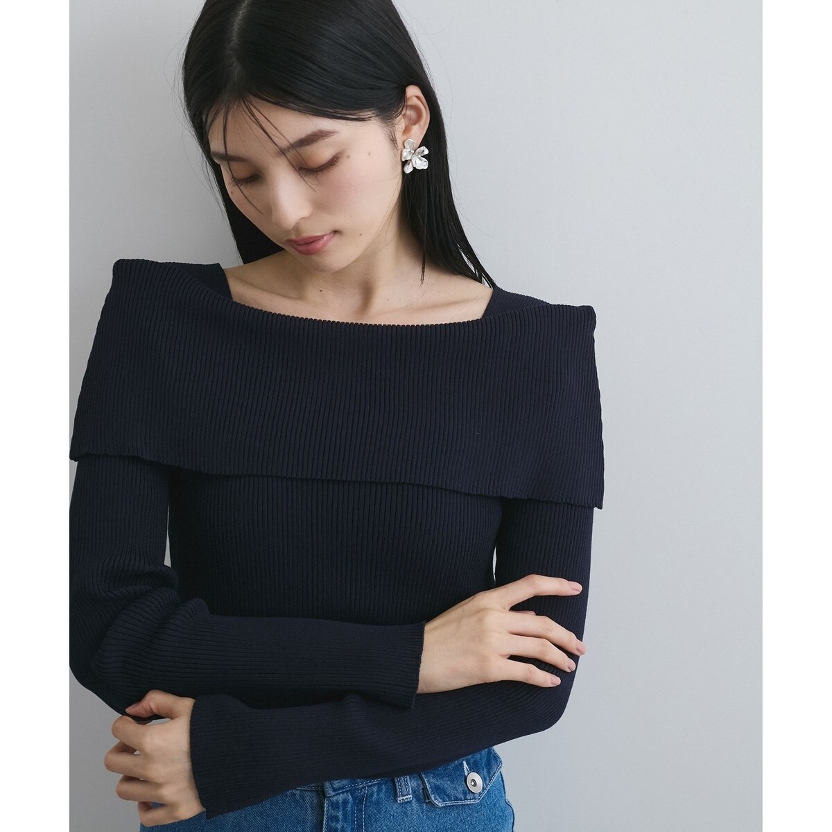 VIS【アンチピリング】【UVケア】オフショルダー風リブニットプルオーバー アンチピリング】【UVケア】オフショルダー風リブニットプル