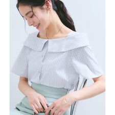 【新色追加】【防シワ】ラメミックスオフショルダー風ストライプシャツ