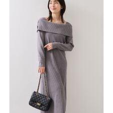 アシメオフショルリブニット美シルエットワンピース/着丈が選べる
