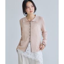 ポロ襟配色シアーリブカーディガン/イージーケア