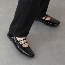 25秋冬新作◆PARADIS COULEUR◆1.2cmヒールビジューバックルダブルストラップバレエ