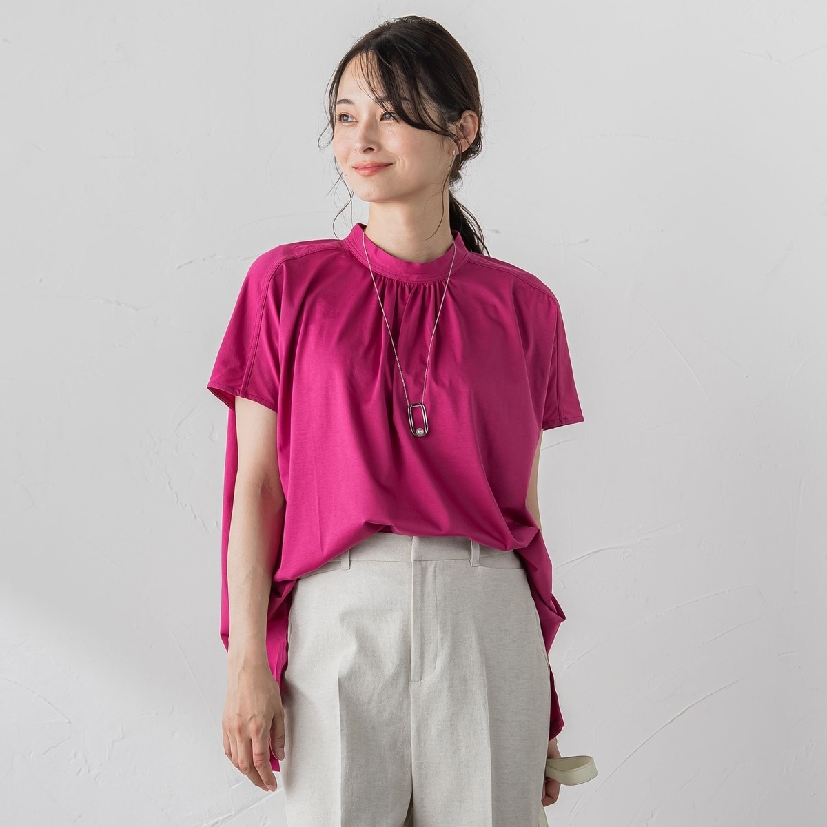 ロートレアモン LAUTREAMONT ギャザーネックコットンカットソー≪洗濯機で洗える≫ （ピンク） ロートレアモン LAUTREAMONT ギャザーネックコットンカットソー