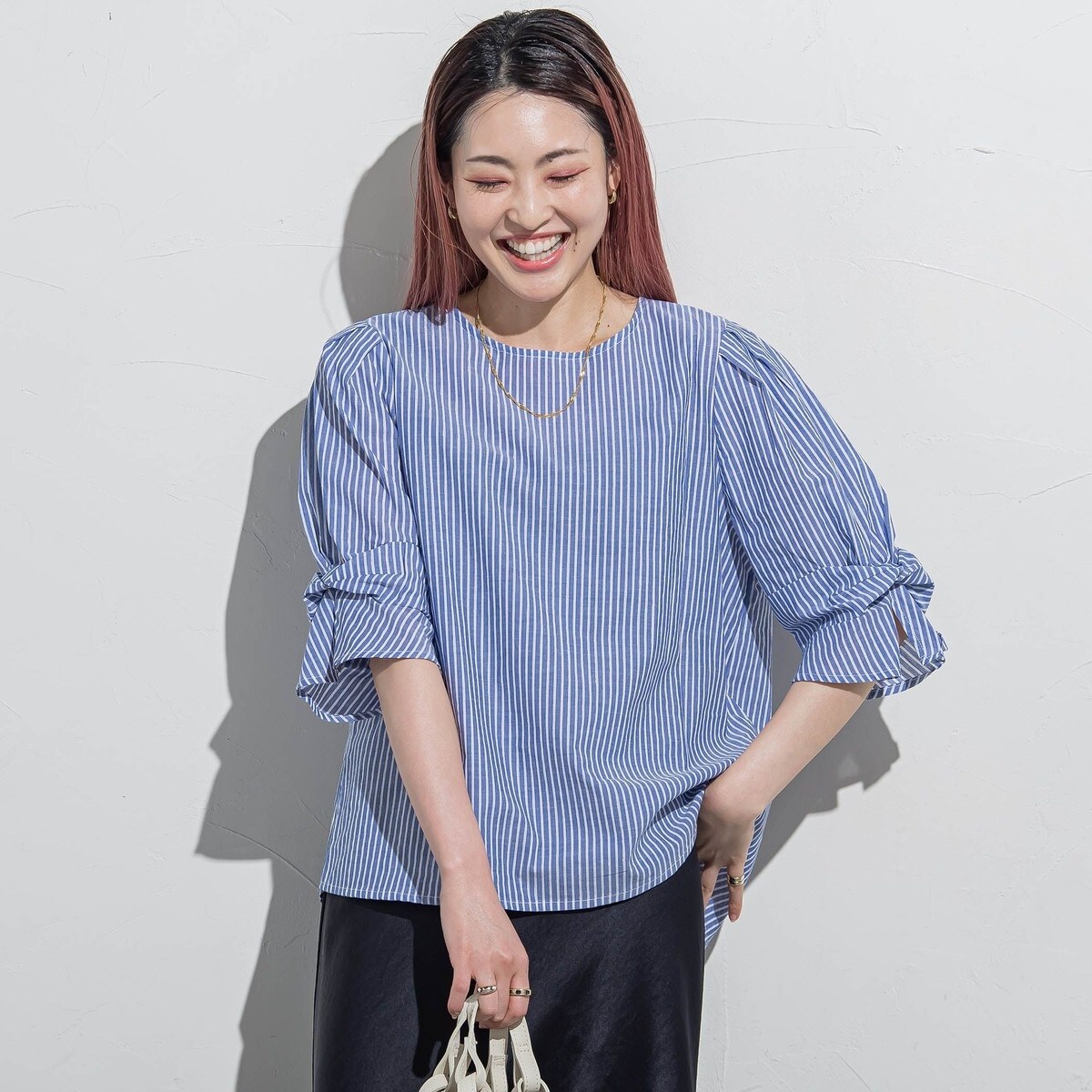 WEB限定】ラメストライプ袖タックブラウス ≪手洗い可能