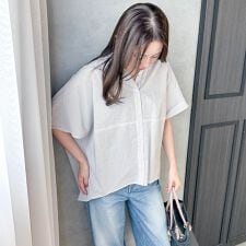 【WEB限定】キュプラ混ストライプバンドカラーブラウス ≪手洗いOK≫