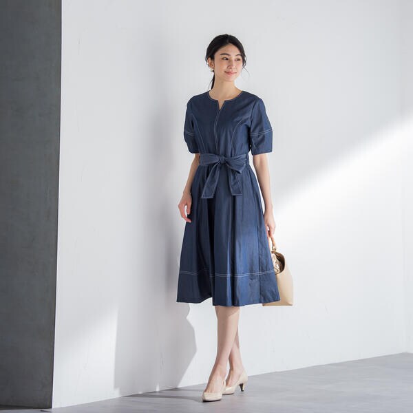 おまけ付 ａラインステッチデニムワンピース 洗濯機で洗える ケティ