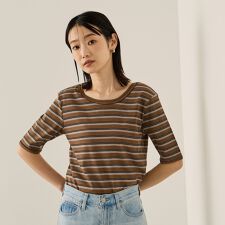 ランダムリブボーダーハーフスリーブカットソー≪手洗い可能≫