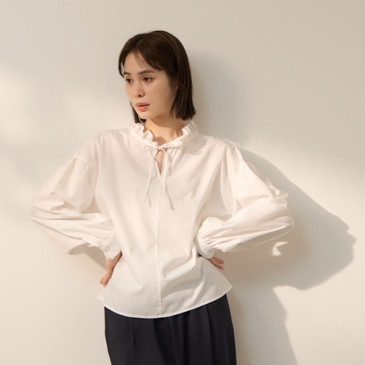 KETTY ホワイト フリル リボン 長袖 ブラウス ハイカウントタイプ 