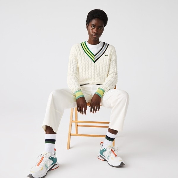 LACOSTE ラコステ アシンメトリーケーブルニットテニスセーター サイズ:34 Vネック AF1187   ホワイト レディース / 240001197488 アシンメトリーケーブルニットテニスセーター | ラコステ(LACOSTE