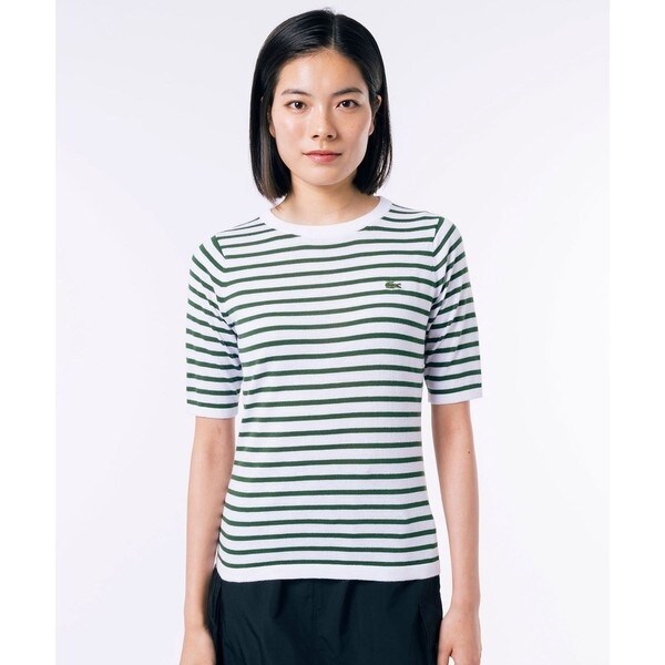 LACOSTE / ラコステ UVカット 吸水速乾 ウォッシャブル COOLMAX クールマックス ボーダーニット半袖Tシャツ UVカット 吸水速乾 ウォッシャブル COOLMAX クール