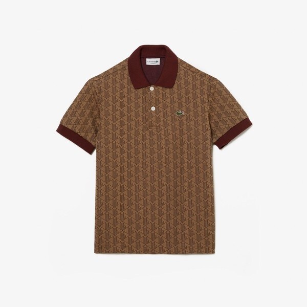 LACOSTE モノグラムジャガードポロシャツ　ブラウン ラコステ LACOSTE モノグラムジャカード半袖ポロシャツ