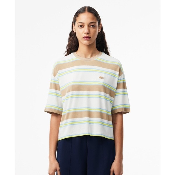 LACOSTE グラフィカルロゴジャカードネックリブロングスリーブT