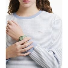 ラウンドヘム 配色リブカラー ワッフルボーダーロングスリーブTシャツ