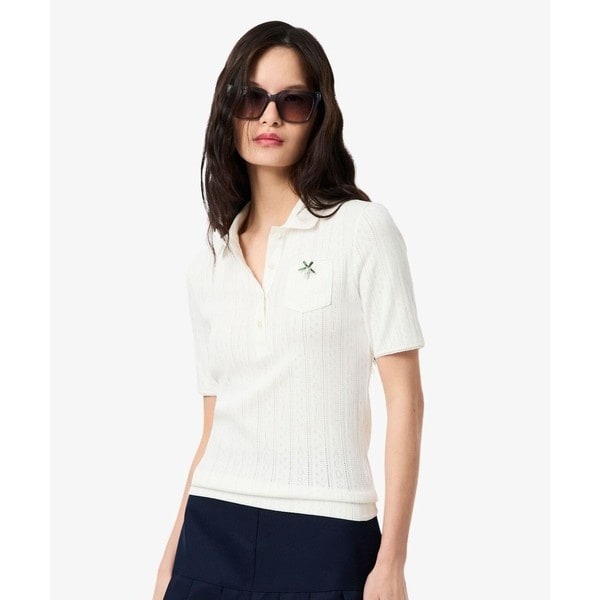 【23SS】Rene パール付き 半袖 ポロシャツ Sサイズ 白色 レース WOMEN LINKS KNIT FLOWER COOLMAX 半袖ポロシャツ ホワイト