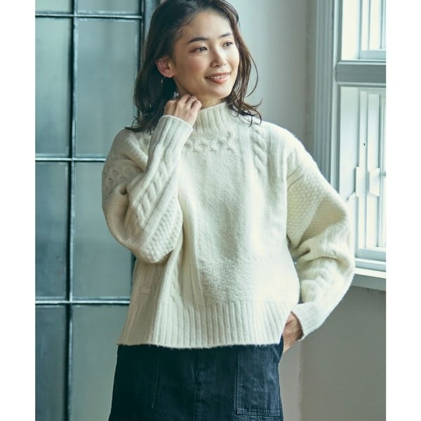 【オフホワイト】パッチワークエフェクトウールニットドレスセーター ラコステ LACOSTE パッチワークエフェクトウールニットドレスセーター
