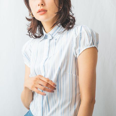 ストライプスーパーストレッチキャップスリーブブラウス | ナラ  