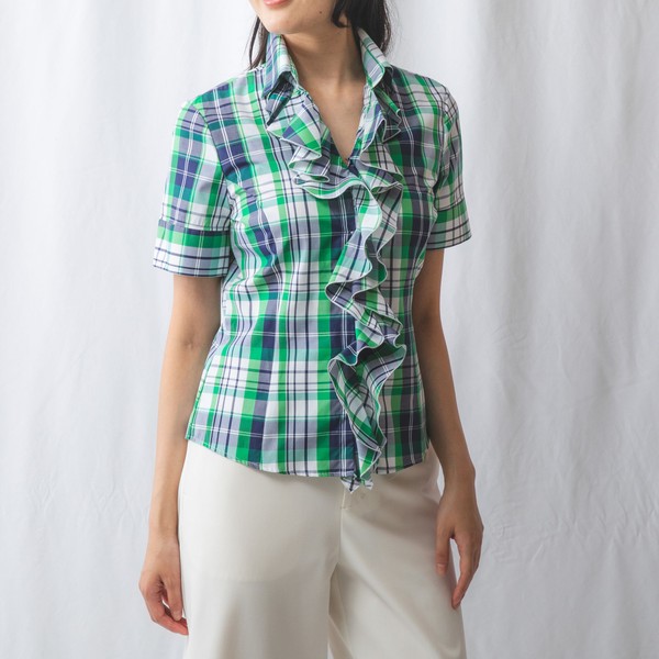 サマーチェック襟付きフリル半袖シャツ | ナラカミーチェ(NARACAMICIE