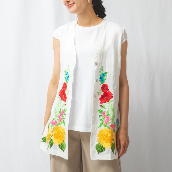 ナラカミーチェNARACAMICIEフラワー刺繍ノースリーブ麻ブラウス　3 花柄刺繍ノースリーブ麻ブラウス | ナラカミーチェ(NARACAMICIE